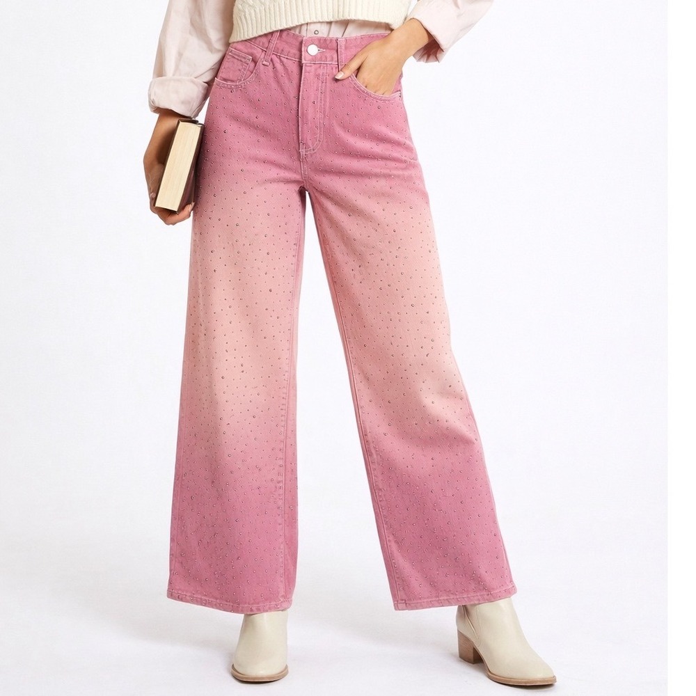 POL FWP142 Pink Ombre Crystal Studded Wide Leg 100% Cotton Jeans Size Small